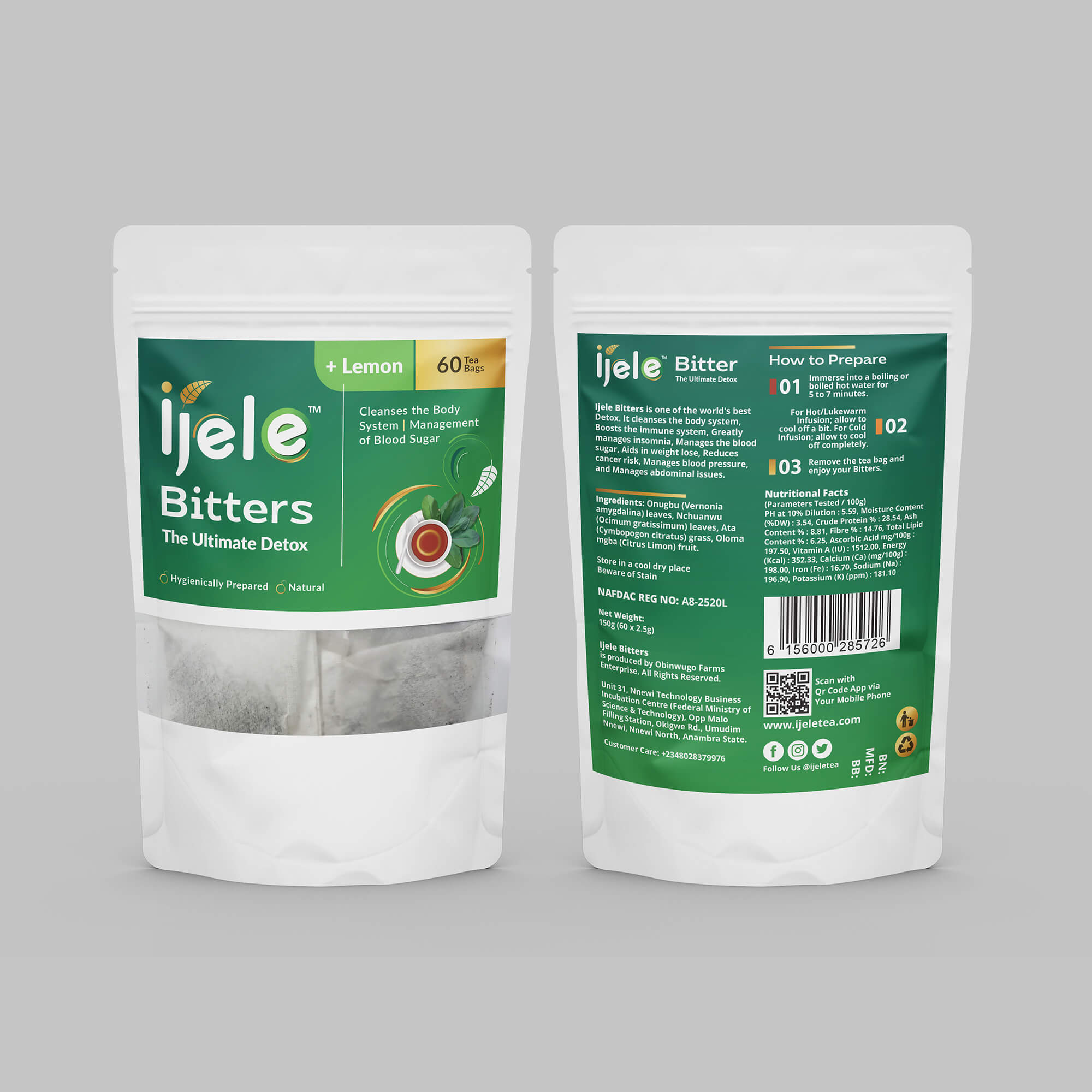 Front and back view of Ijele Bitters herbal tea packaging with resealable pouch, green and white design, clear product window, health claims, and preparation guide – designed by Ultigraph.