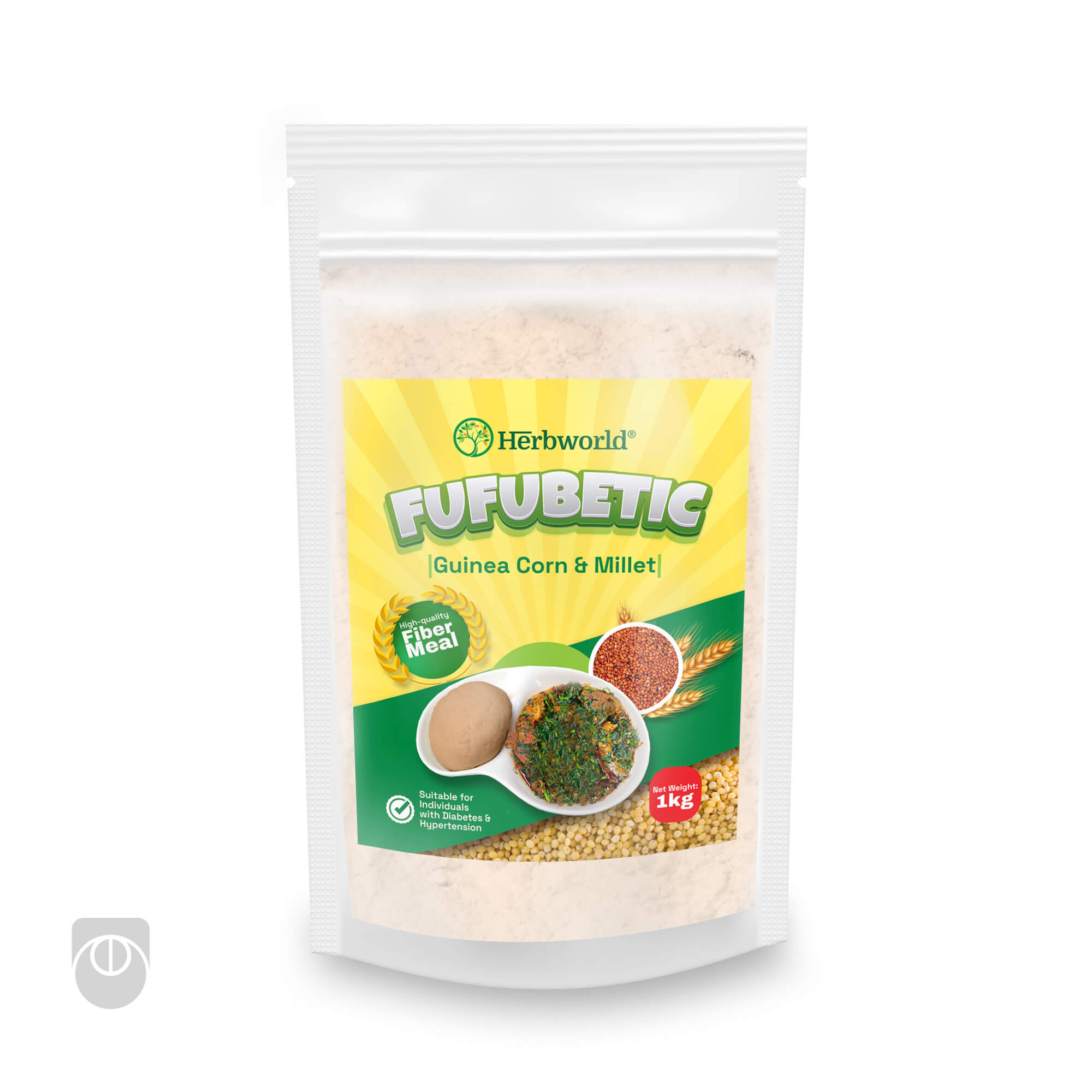 Diabetic-Friendly Swallow Packaging Design by Ultigraph Clear resealable pouch design for Herbworld FUFUBETIC made with guinea corn and millet, featuring yellow-green label, food photography, and health claims – designed by Ultigraph.