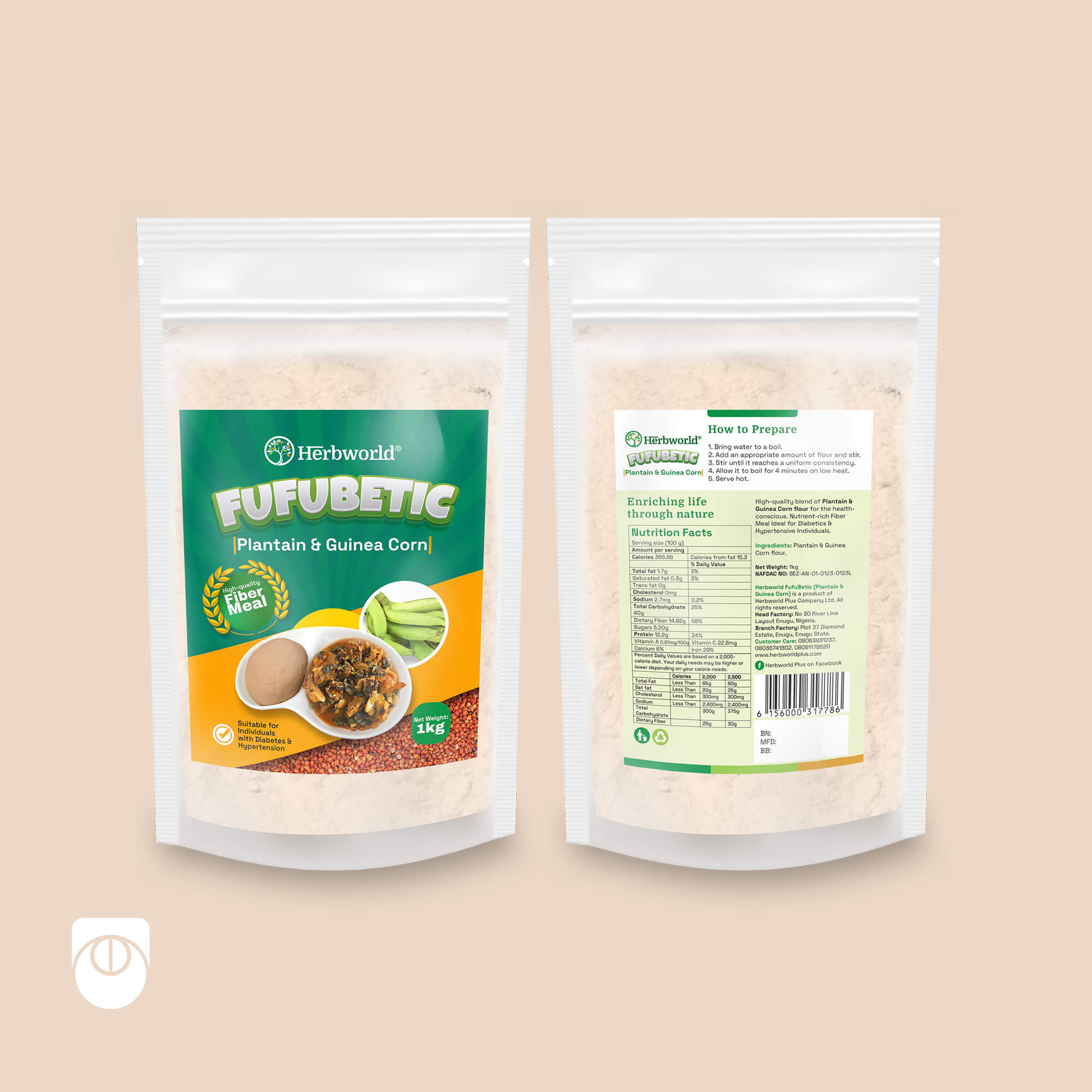 Diabetic-Friendly Swallow Packaging Design by Ultigraph Front & Back view of Herbworld FUFUBETIC packaging with plantain and guinea corn blend, featuring food-grade stand-up pouch, bold green label, product imagery, and clear health info - designed by Ultigraph.