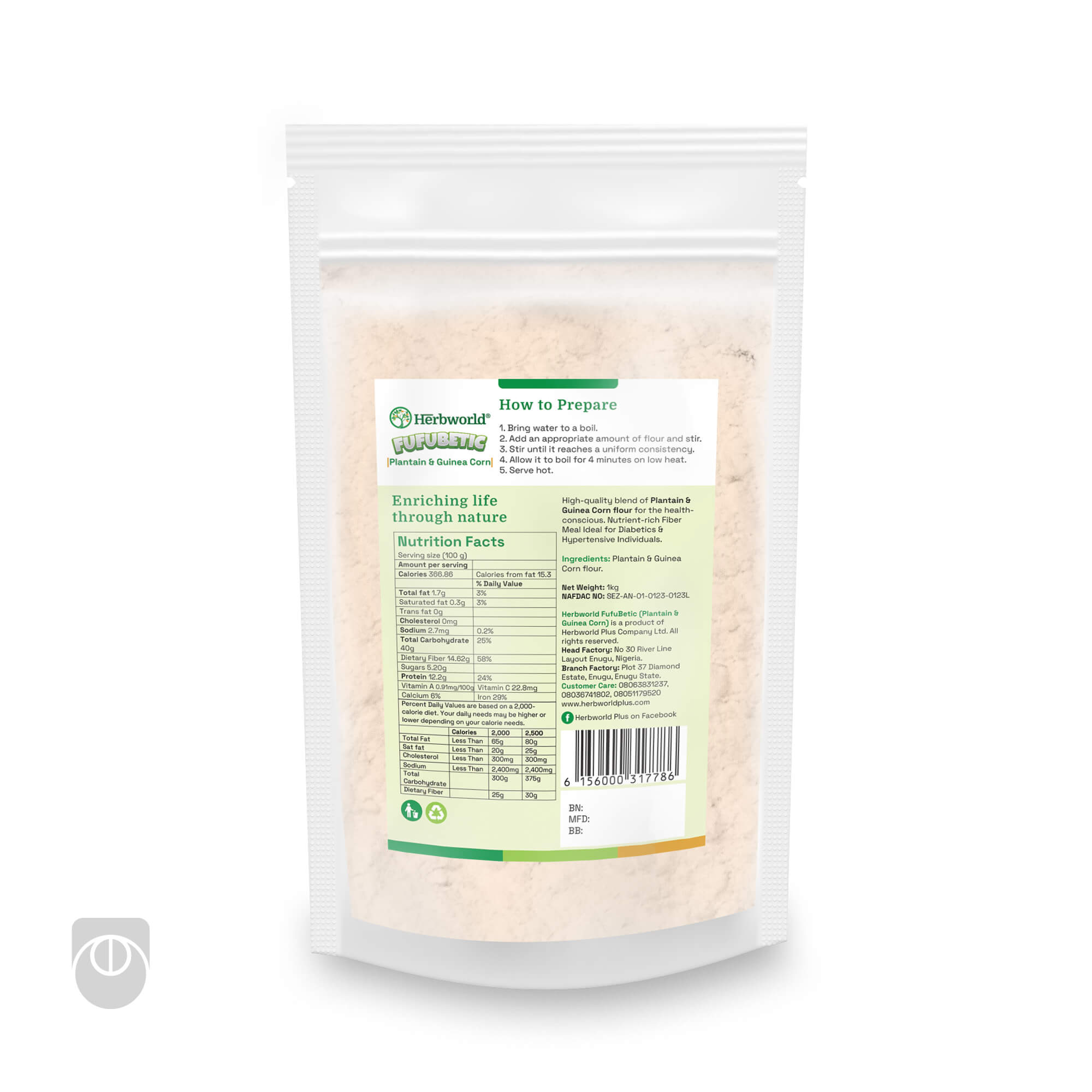 Diabetic-Friendly Swallow Packaging Design by Ultigraph Back view of Herbworld FUFUBETIC packaging with plantain and guinea corn blend, featuring food-grade stand-up pouch, bold green label, product imagery, and clear health info - designed by Ultigraph.