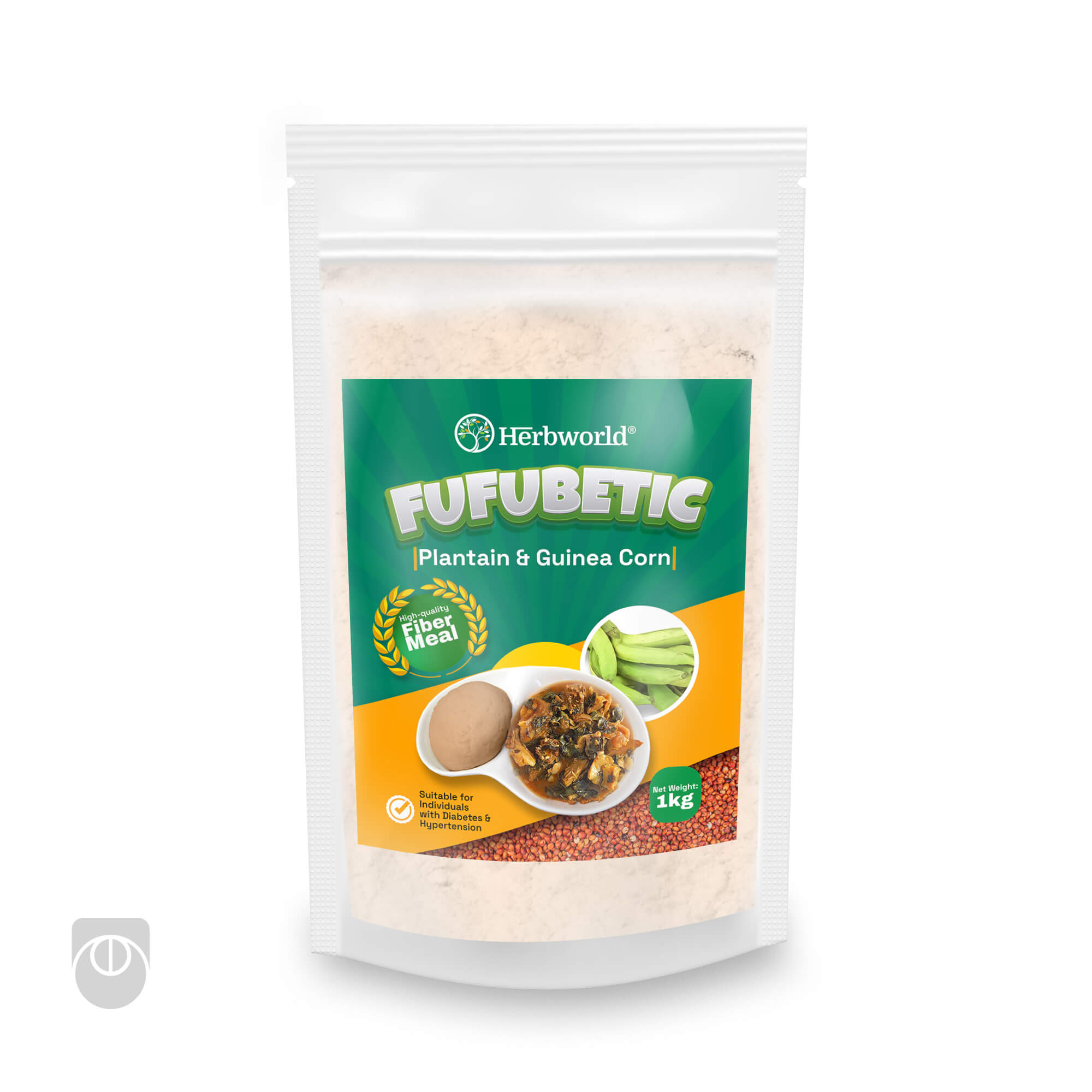Diabetic-Friendly Swallow Packaging Design by Ultigraph Front view of Herbworld FUFUBETIC packaging with plantain and guinea corn blend, featuring food-grade stand-up pouch, bold green label, product imagery, and clear health info - designed by Ultigraph.