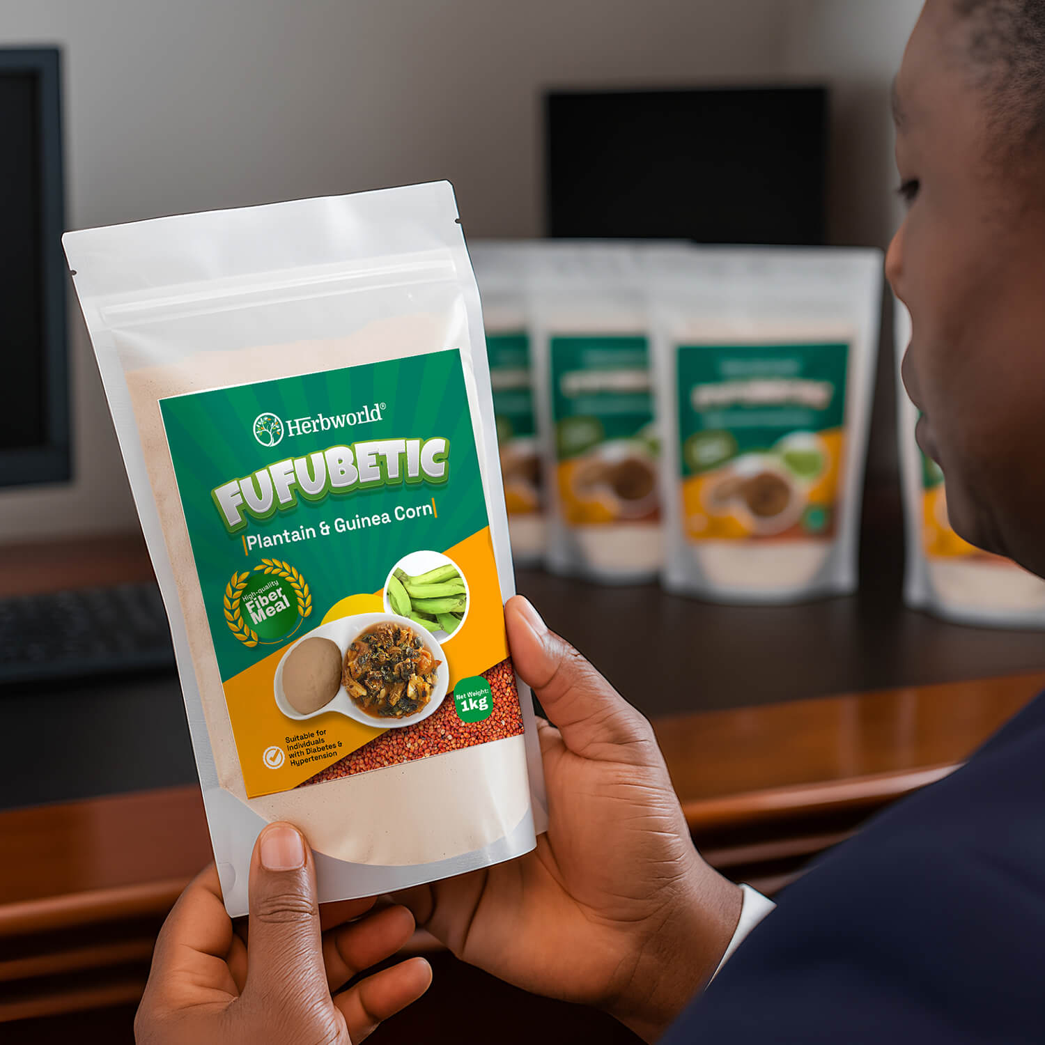 Diabetic-Friendly Swallow Packaging Design by Ultigraph Front view of Herbworld FUFUBETIC packaging with plantain and guinea corn blend, featuring food-grade stand-up pouch, bold green label, product imagery, and clear health info - designed by Ultigraph.