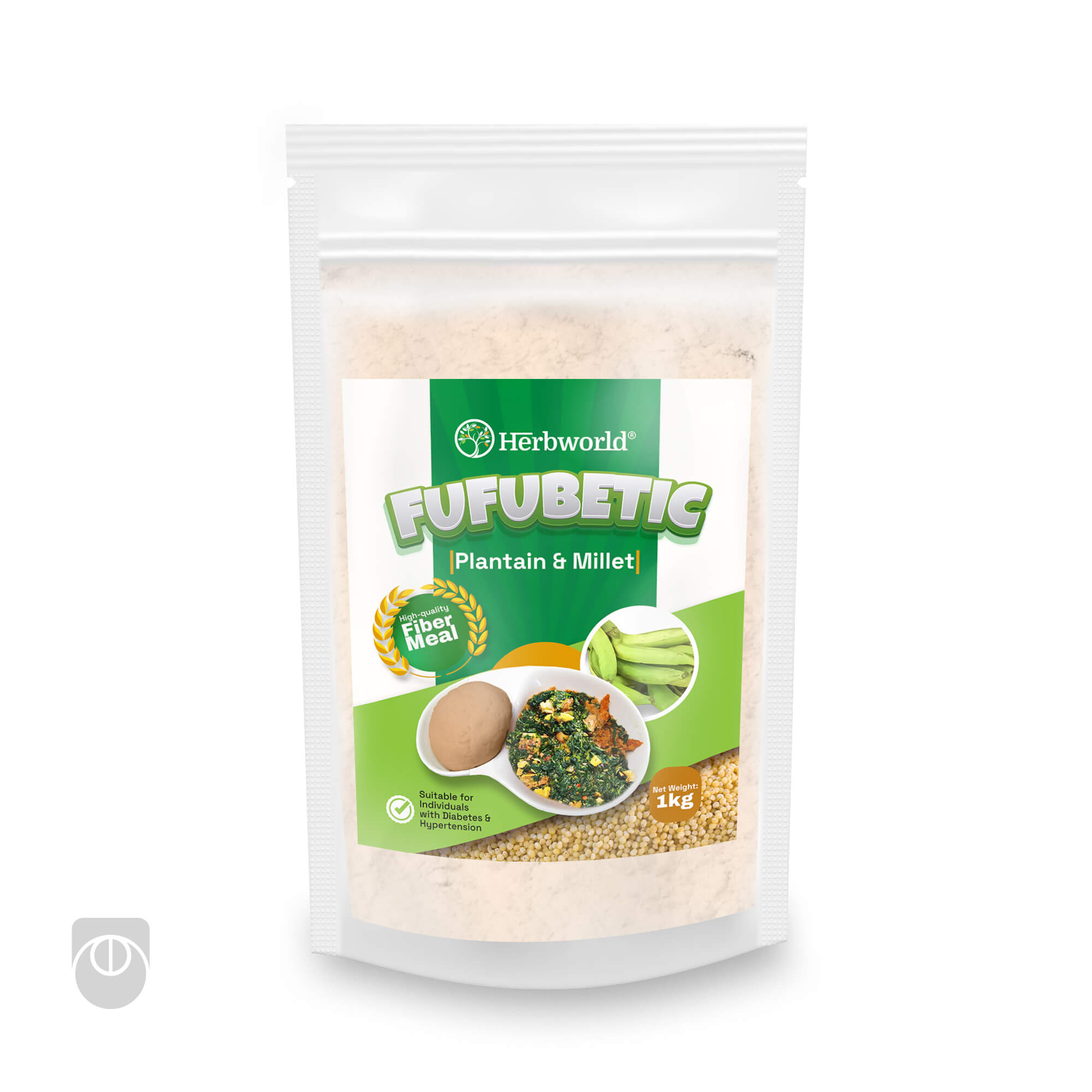 Diabetic-Friendly Swallow Packaging Design by Ultigraph Resealable transparent stand-up pouch packaging design for FUFUBETIC Plantain & Millet flour by Herbworld, designed by Ultigraph, showing fiber-rich food imagery and health-focused labeling, suitable for diabetes and hypertension.